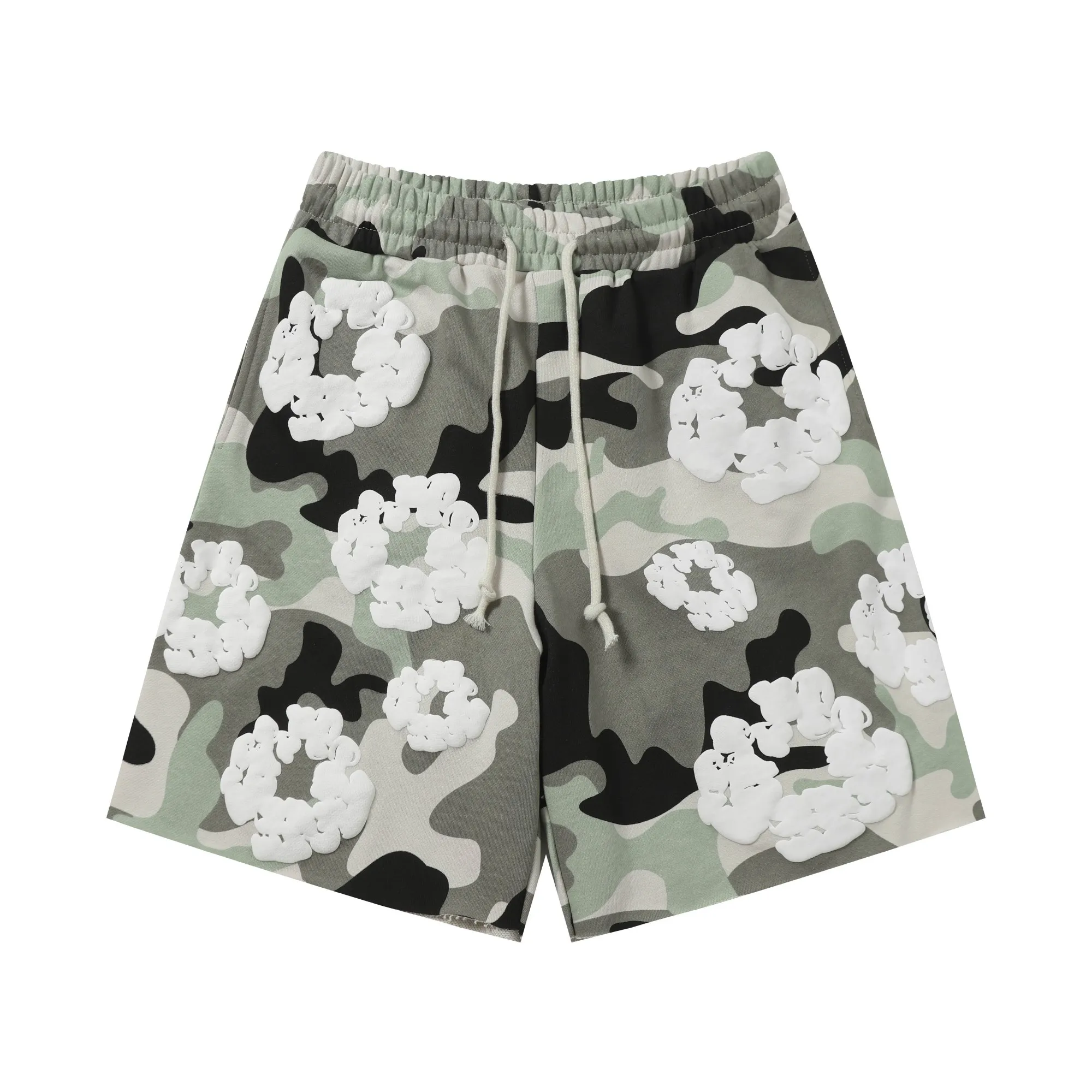 8208# DENIM TEARS Kapok European and American trendy brand high-quality foam flocking camouflage printed shorts Color Camouflage blue Camouflage powder Camouflage gray Camouflage apricot Camouflage green Size S-XL